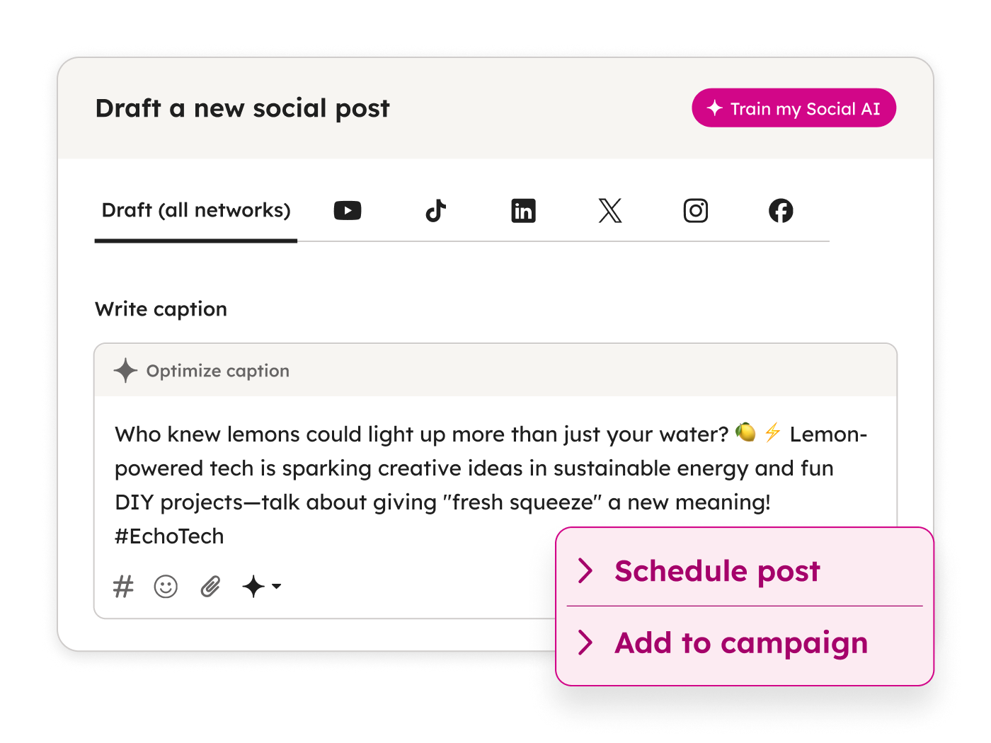 Editor de HubSpot para redactar un post social con IA, con opciones para programar o añadir a campaña